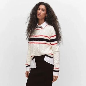 Mango cream stripe preppy cable knit crewneck sweater - Large NWOT